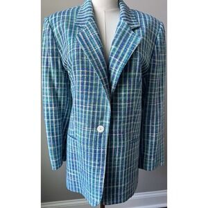 Silk Plaid Blazer Blue Green Jacket Womens M Lightweight Vintage Da Rue